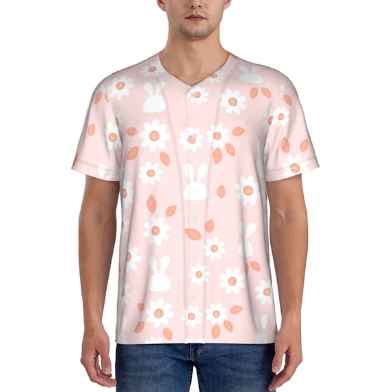 Hirioo Flower Rabbit for Men's Baseball T-shirt Shirts Short Sleeve Casual Summer Button Stretch T Shirts,Size S-4XL-X-Large
