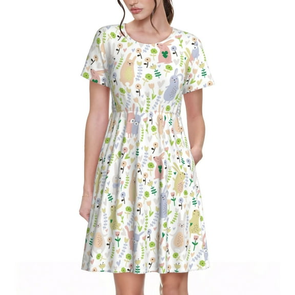 Hirioo Flower Rabbit for Short Sleeve Dress Women's Short Sleeve Dress with Pockets