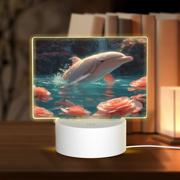 Hirioo Flower White Dolphin for Rectangular Acrylic with Night Light Best Gifts for Lover Girl Mom, Valentine's Day Anniversary Birthday Wedding Present