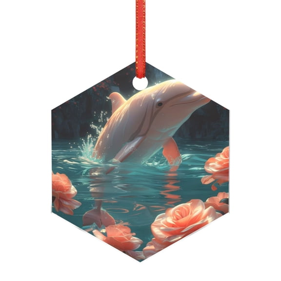 Hirioo Flower White Dolphin for Acrylic Christmas Pendant Hanging Christmas Tree Ornaments, Car, Home, Office Gift Decor-Hexagon