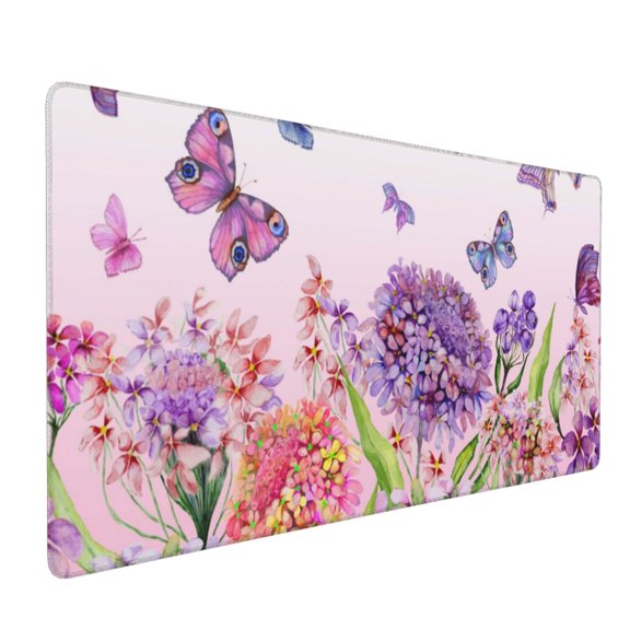 Hirioo Flowers And Colorful Butterflies for Mouse Pad ,Anti-Slip Base, Durable Stitched Edges, Perfect for Gaming, Office, and Home Use,16x35.5in