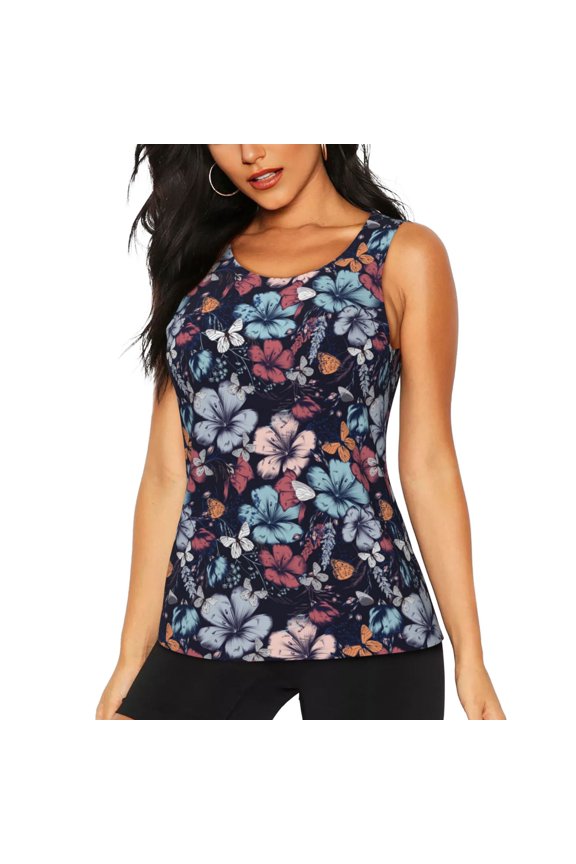 Flowers ad Butterflies for Women's Workout Tank Top Sleeveless Workout Tops Athletic Gym Shirts-Medium