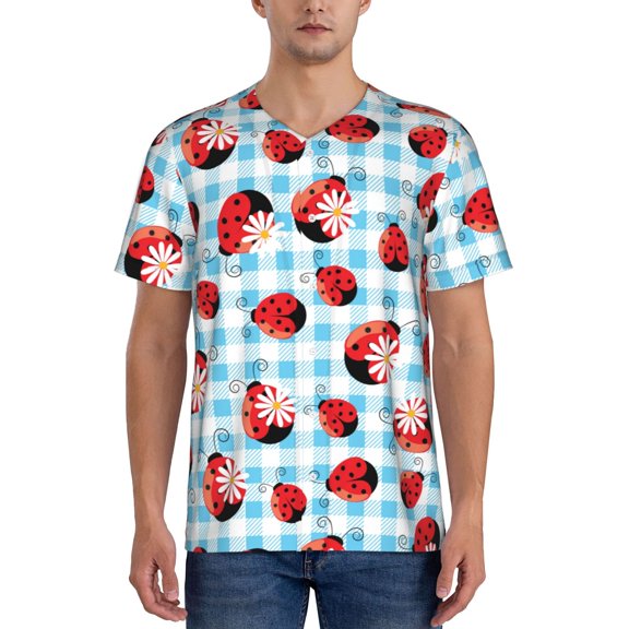 Hirioo Flowers and Lady Bugs for Men's Baseball T-shirt Shirts Short Sleeve Casual Summer Button Stretch T Shirts,Size S-4XL-4X-Large