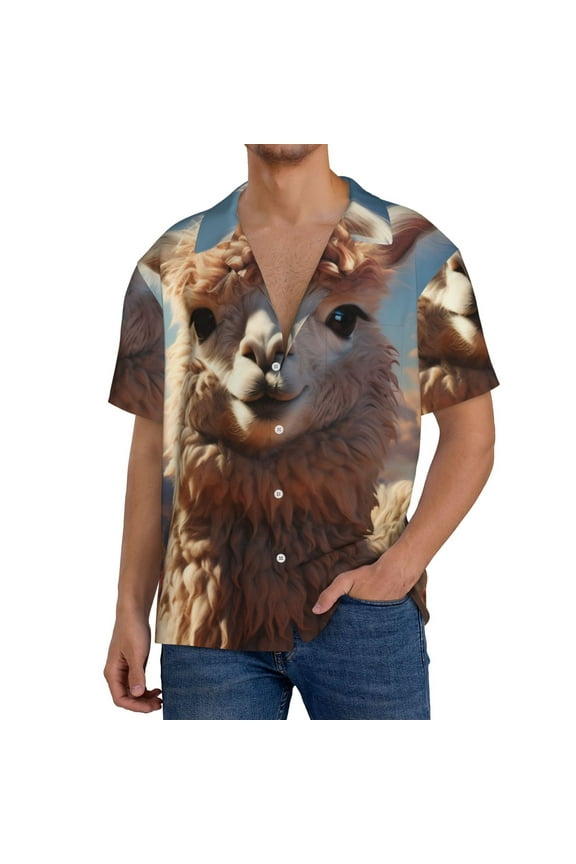 Fluffy Alpaca Mountain Meadow for Men's Cuban Collar Short Sleeve Shirt Button Down Shirt Beach Summer Shirts Wedding Vacation Shirts-Small