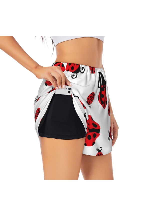 Fly Flying Ladybug for Women's Double Layer Athletic Shorts High-Performance Gym Shorts with Inner Pocket, Elastic Waistband-X-Large