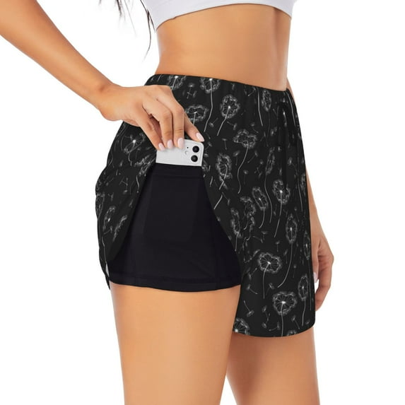 Hirioo Flying Dandelion for Women's Double Layer Athletic Shorts High-Performance Gym Shorts with Inner Pocket, Elastic Waistband-Medium