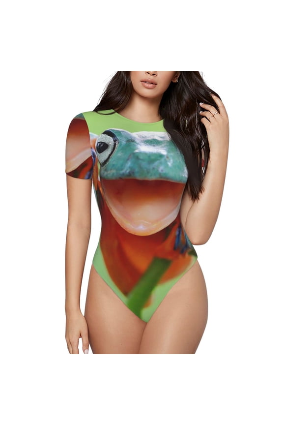 Flying Frog On Branch for Women's Round Neck Short-sleeved Onesie Basic Bodysuits-Small