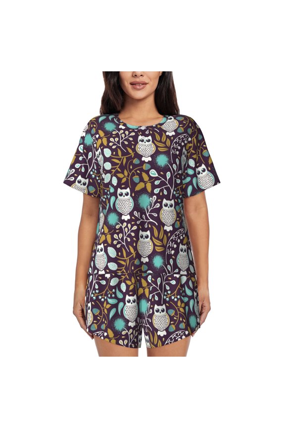 Forest Cute Owl for Women's 2 Piece Short-Sleeved Pajama PJ Sets for Women Shorts with Pockets Womens Lounge Set-Medium