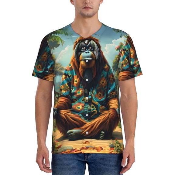 Hirioo Forest Meditating Gorilla for Men's Baseball T-shirt Shirts Short Sleeve Casual Summer Button Stretch T Shirts,Size S-4XL-Large