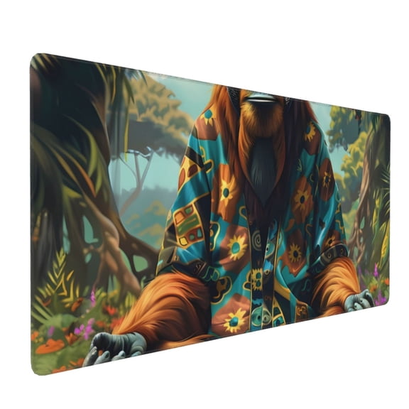 Hirioo Forest Meditating Gorilla for Mouse Pad ,Anti-Slip Base, Durable Stitched Edges, Perfect for Gaming, Office, and Home Use,16x35.5in