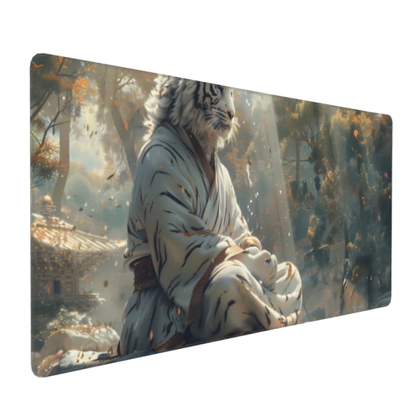 Hirioo Forest Meditating White Tiger for Mouse Pad ,Anti-Slip Base, Durable Stitched Edges, Perfect for Gaming, Office, and Home Use,16x35.5in