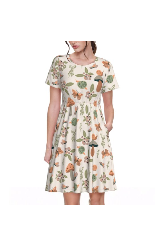 Forest Mushrooms Insects for Short Sleeve Dress Women's Short Sleeve Dress with Pockets