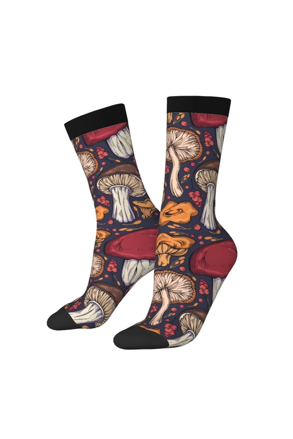 Forest Wild Mushroom Pattern Adult Middle Tube Socks Breathable Sock Non-Pilling,Contrasting Color Design