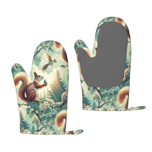 Hirioo Forest squirrel surreal for Silicone Oven Mitts for BBQ, Baking, Cooking, Set of 2, Heat Resistant 260, Non-Slip Kitchen Essentials