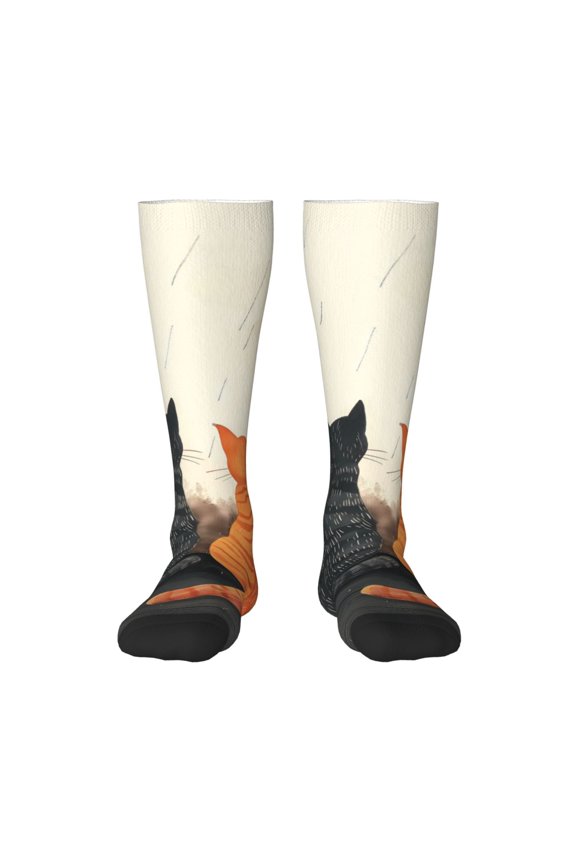 Four Cats Watching Rain for Adult Stockings Breathable Sock Non-Pilling,Contrasting Color Design