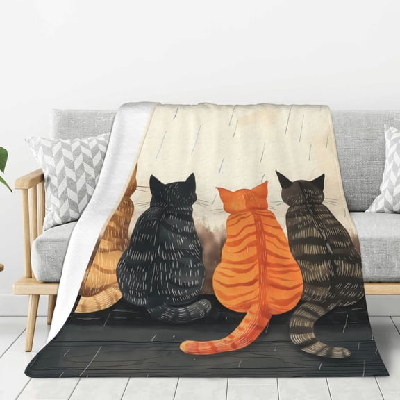 Hirioo Four Cats Watching Rain for Flannel Blanket, Cozy and Warm Throw for Bed or Couch ,Perfect for All Seasons-40"x30"