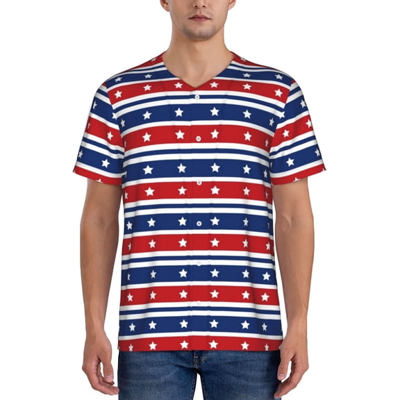 Hirioo Fourth Of July for Men's Baseball T-shirt Shirts Short Sleeve Casual Summer Button Stretch T Shirts,Size S-4XL-3X-Large
