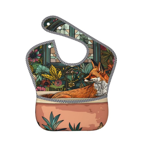 Hirioo Fox Bathtub Floral Art for Baby Waterproof Pocket Bib Adjustable Closed for Babies Toddlers with Large Pocket 6-24Months
