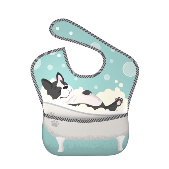 Hirioo French Bulldog Taking a Bath for Baby Waterproof Pocket Bib Adjustable Closed for Babies Toddlers with Large Pocket 6-24Months