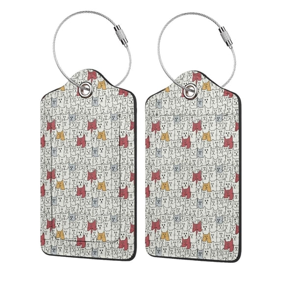 Hirioo Funny Cat White Print Leather Luggage Tag with Stainless Steel Loop ,Privacy Flap and Address Card for Travel Bag Suitcase-2 PCS