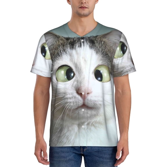 Hirioo Funny Cat for Men's Baseball T-shirt Shirts Short Sleeve Casual Summer Button Stretch T Shirts,Size S-4XL-XX-Large