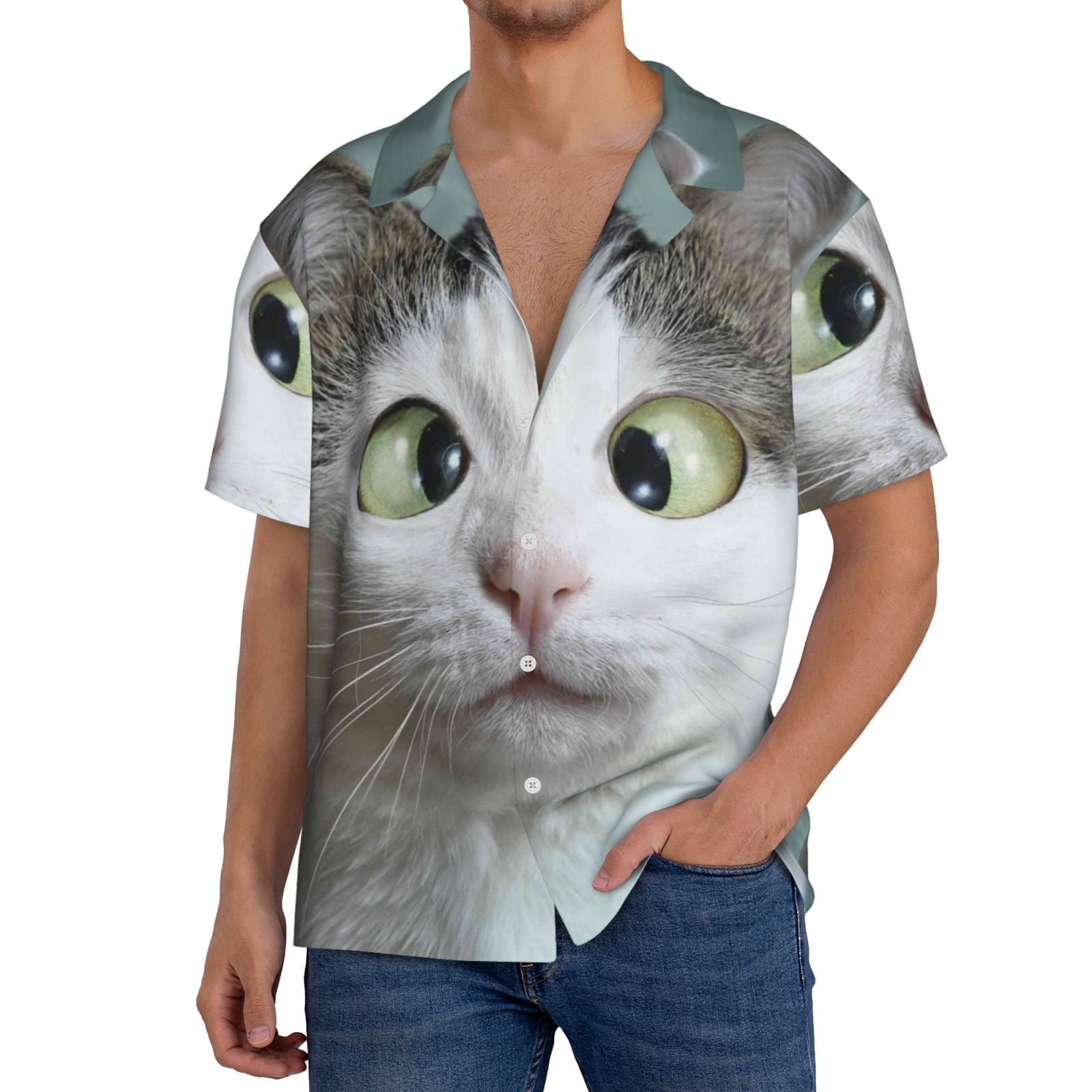 Hirioo Funny Cat for Men's Cuban Collar Short Sleeve Shirt Button Down
