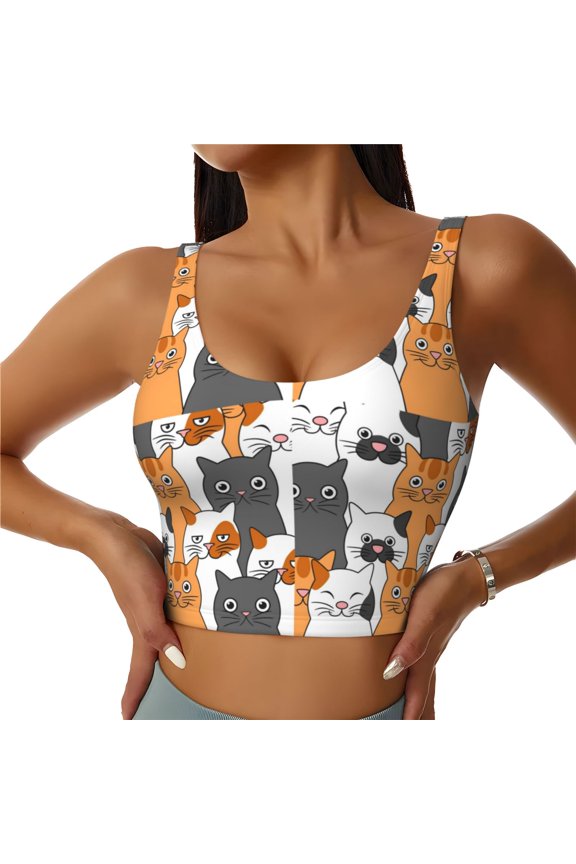 Funny Cats for Women's Sports Vest with Full-Print Design, Stretchy Fabric and Removable Pads-Large