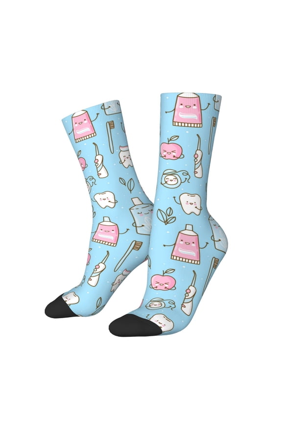 Funny Cute Teeth Pattern Adult Middle Tube Socks Breathable Sock Non-Pilling,Contrasting Color Design