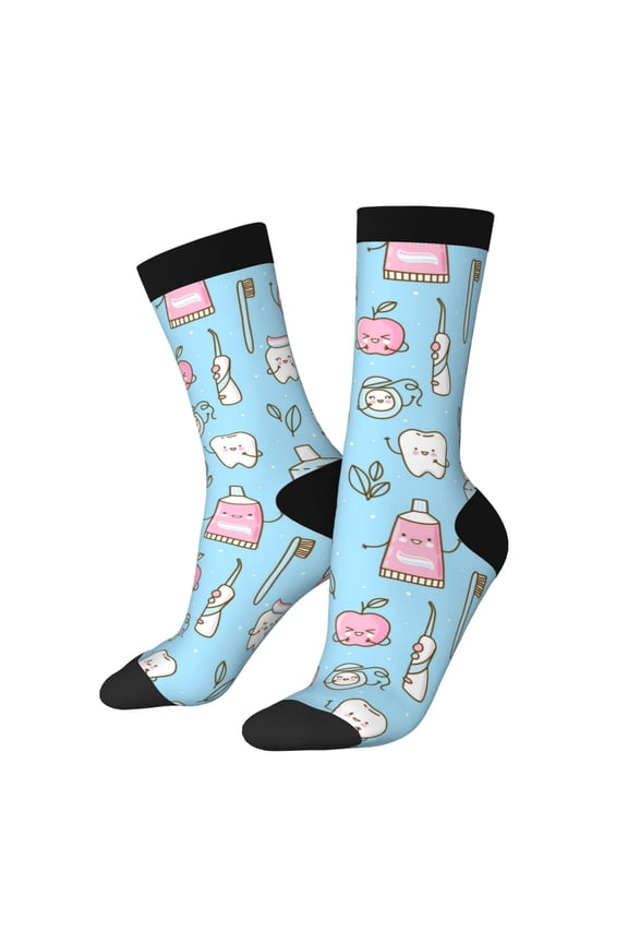 Funny Cute Teeth Pattern Adult Middle Tube Socks Breathable Sock Non-Pilling,Contrasting Color Design