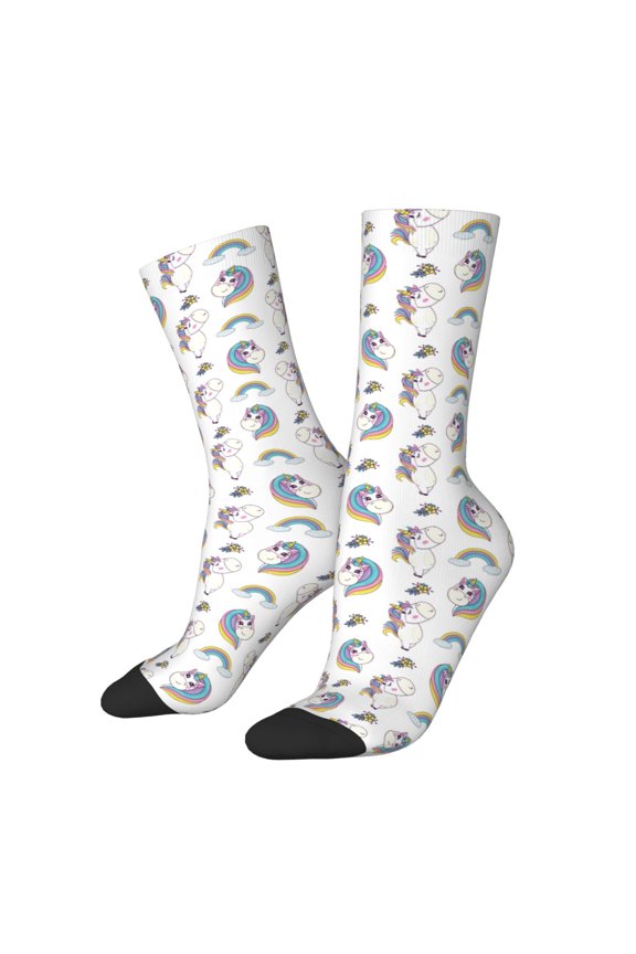 Funny Kawaii Unicorns Dancing Pattern Adult Middle Tube Socks Breathable Sock Non-Pilling,Contrasting Color Design