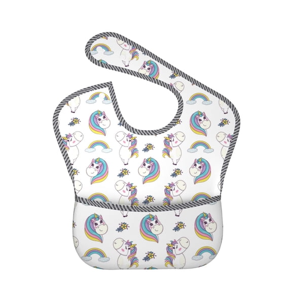 Hirioo Funny Kawaii Unicorns Dancing for Baby Waterproof Pocket Bib Adjustable Closed for Babies Toddlers with Large Pocket 6-24Months