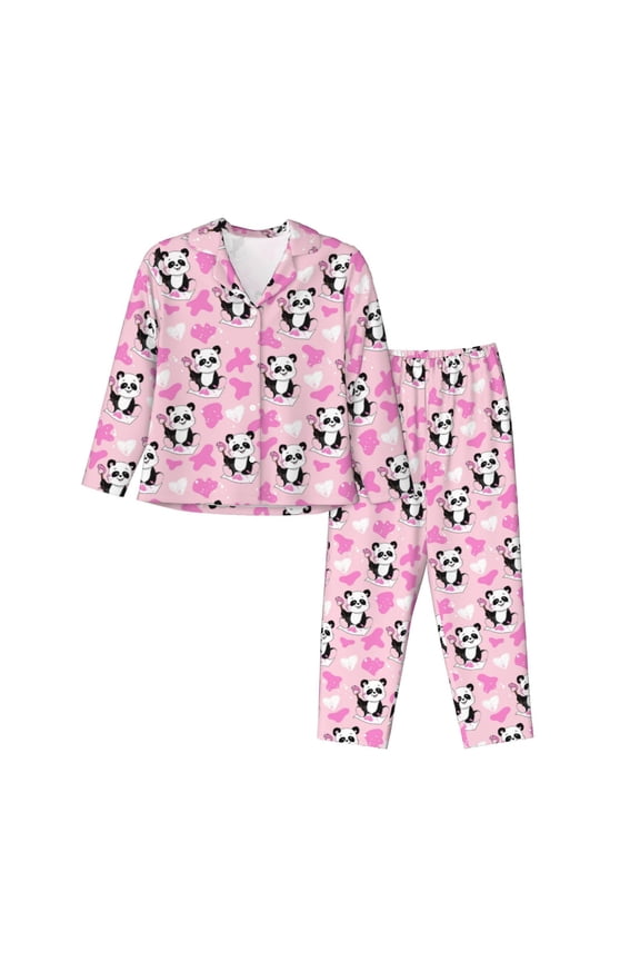 Funny Panda Draws A Heart for Women's Pajama Sets 2 Piece Pjs Women's Long-Sleeved Pajama Set Button Down Sleepwear,S-XXL-XX-Large