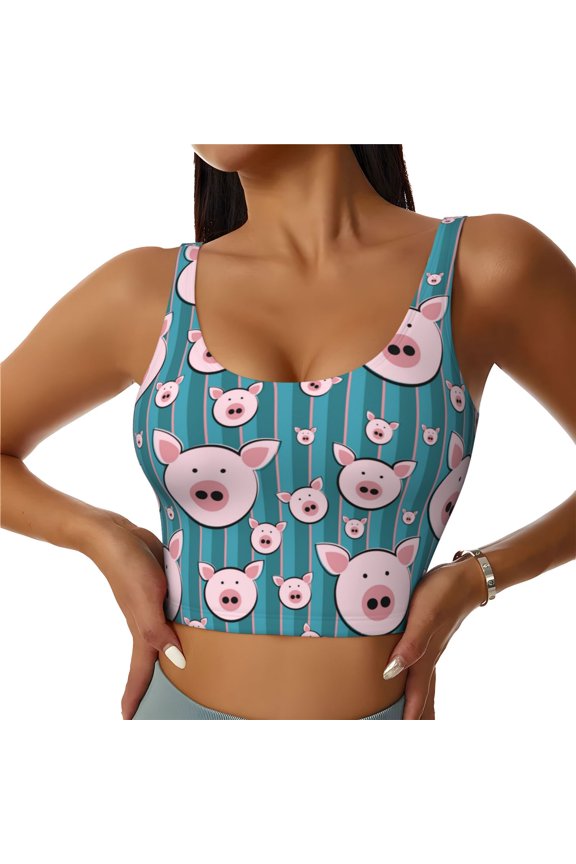 Funny Pig Faces for Women's Sports Vest with Full-Print Design, Stretchy Fabric and Removable Pads-Large