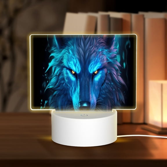 Hirioo Futuristic Blue Light Wolf for Rectangular Acrylic with Night Light Best Gifts for Lover Girl Mom, Valentine's Day Anniversary Birthday Wedding Present