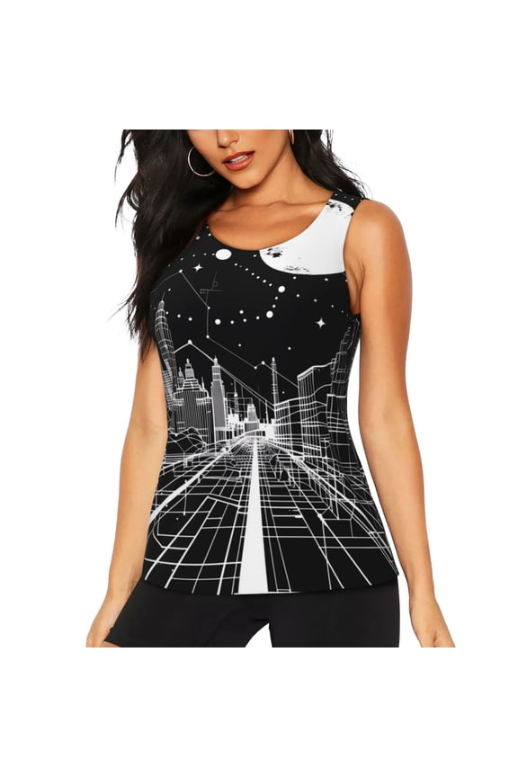 Futuristic Moonlit Cityscape for Women's Workout Tank Top Sleeveless Workout Tops Athletic Gym Shirts-XX-Large