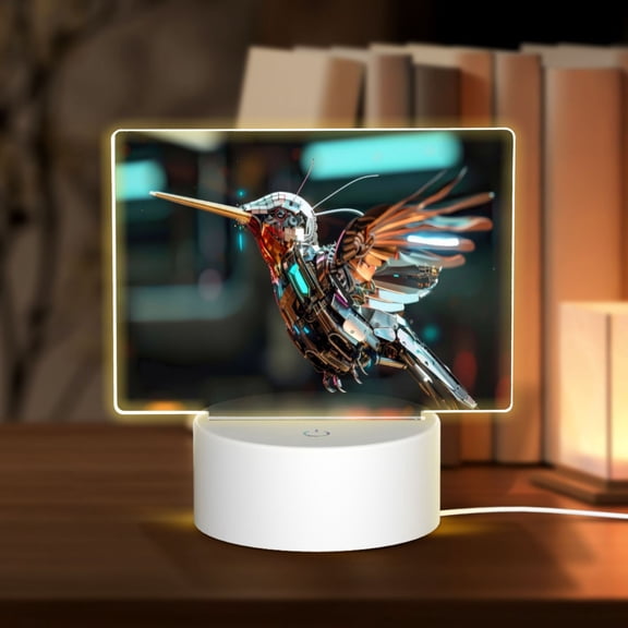 Hirioo Futuristic Robot Hummingbird for Rectangular Acrylic with Night Light Best Gifts for Lover Girl Mom, Valentine's Day Anniversary Birthday Wedding Present