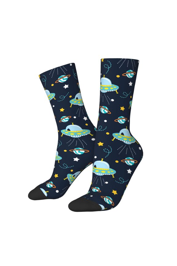 Galaxy With Ufo Pattern Adult Middle Tube Socks Breathable Sock Non-Pilling,Contrasting Color Design