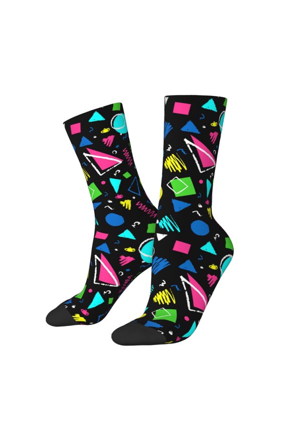 Geometric 1980s Styled Pattern Adult Middle Tube Socks Breathable Sock Non-Pilling,Contrasting Color Design
