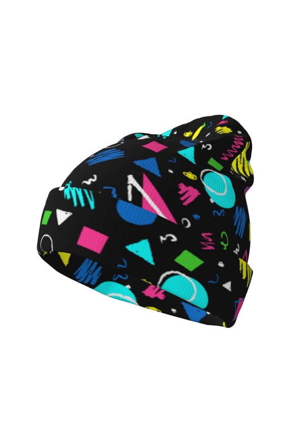 Geometric 1980s Styled for Men's Knit Cuffed Beanie for Outdoor Activities Unisex