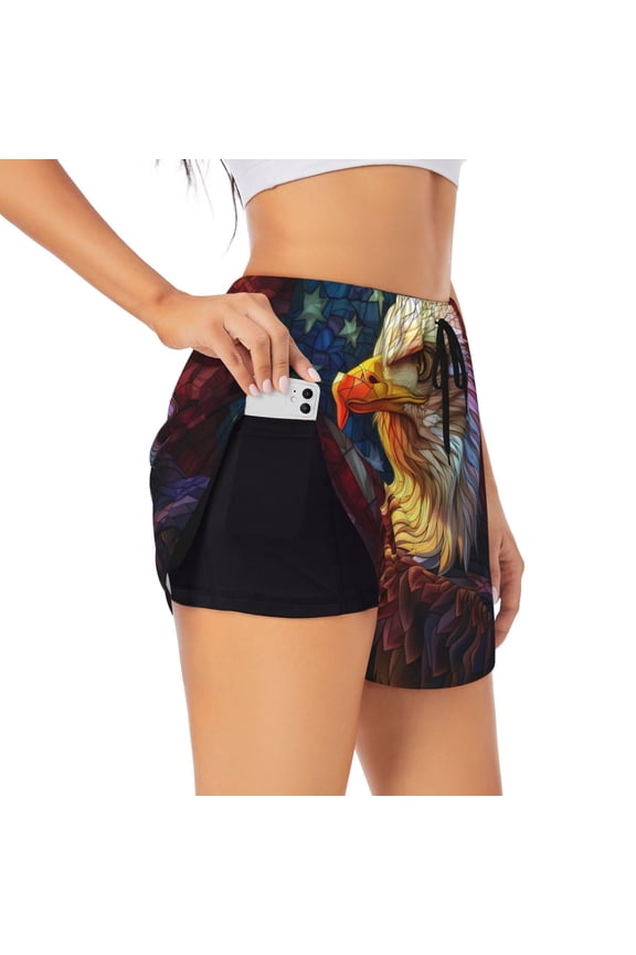 Geometric American Bald Eagle for Women's Double Layer Athletic Shorts High-Performance Gym Shorts with Inner Pocket, Elastic Waistband-Large