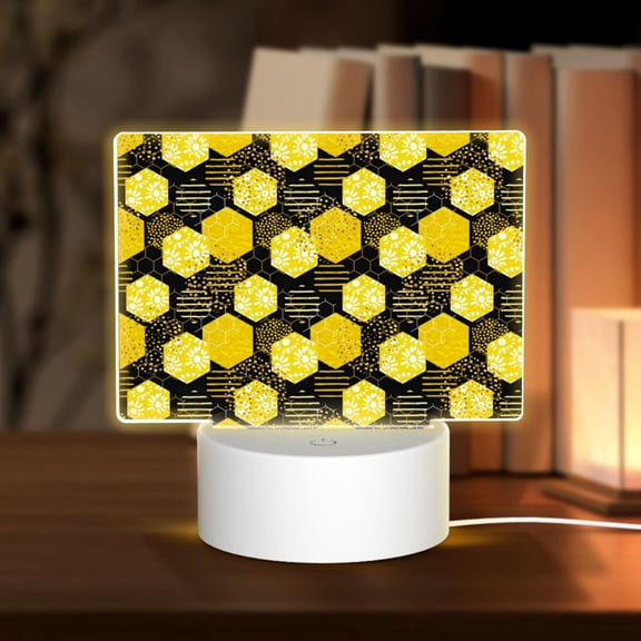 Hirioo Geometric Pattern with Bee for Rectangular Acrylic with Night Light Best Gifts for Lover Girl Mom, Valentine's Day Anniversary Birthday Wedding Present