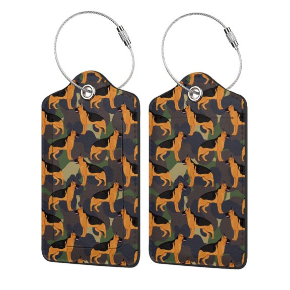 Hirioo German Shepherd Dog Print Leather Luggage Tag with Stainless Steel Loop ,Privacy Flap and Address Card for Travel Bag Suitcase-1