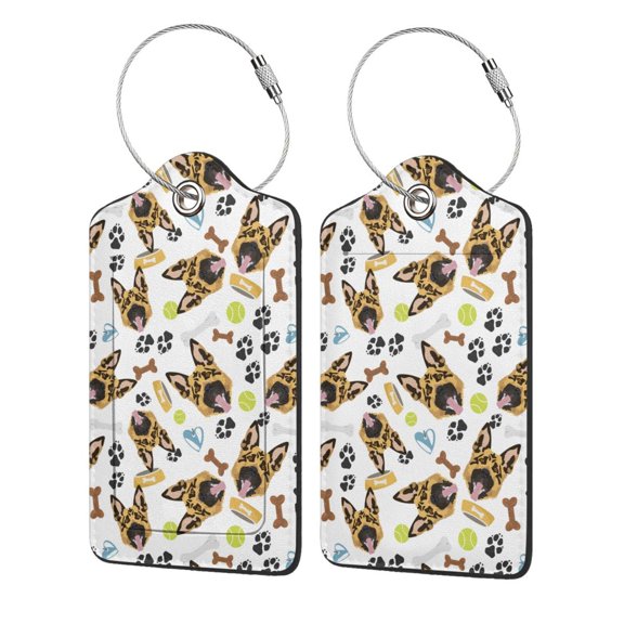 Hirioo German Shepherd Dog Print Leather Luggage Tag with Stainless Steel Loop ,Privacy Flap and Address Card for Travel Bag Suitcase-4 PCS