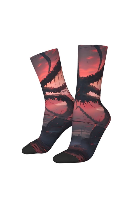 Giant Monster Over City Pattern Adult Middle Tube Socks Breathable Sock Non-Pilling,Contrasting Color Design
