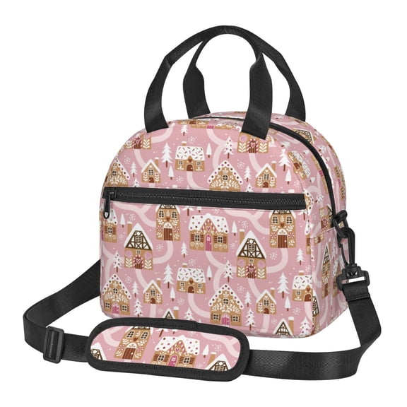 Hirioo Gingerbread Houses Pink Wonderland for Crossbody Lunch Box for Women Men with Adjustable Shoulder Strap for School, Work and Travel