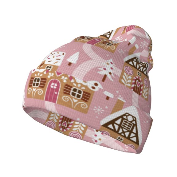 Hirioo Gingerbread Houses Pink Wonderland for Men's Knit Cuffed Beanie for Outdoor Activities Unisex