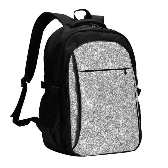 Hirioo GlitterSilver for Travel Laptop Backpack with USB Charging Port for Men and Women