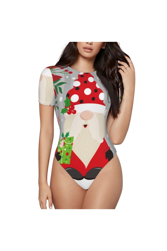 Gnome And Buffalo Plaid for Women's Round Neck Short-sleeved Onesie Basic Bodysuits-Medium