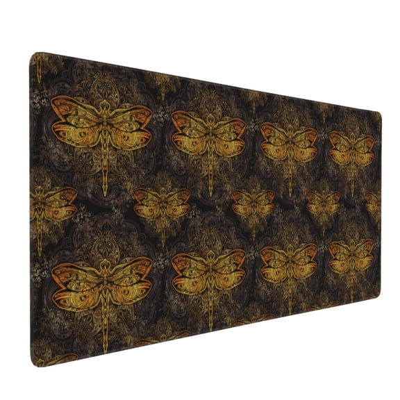 Hirioo Gold Dragonfly Mandala for Mouse Pad ,Anti-Slip Base, Durable Stitched Edges, Perfect for Gaming, Office, and Home Use,16x35.5in