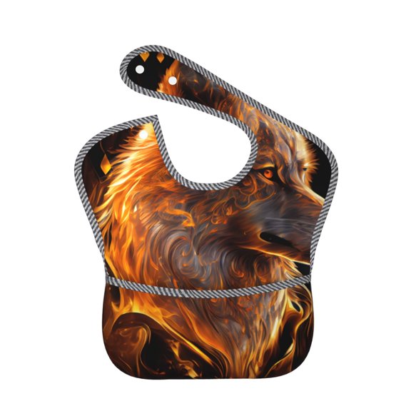 Hirioo Gold Flame Pattern Wolf for Baby Waterproof Pocket Bib Adjustable Closed for Babies Toddlers with Large Pocket 6-24Months